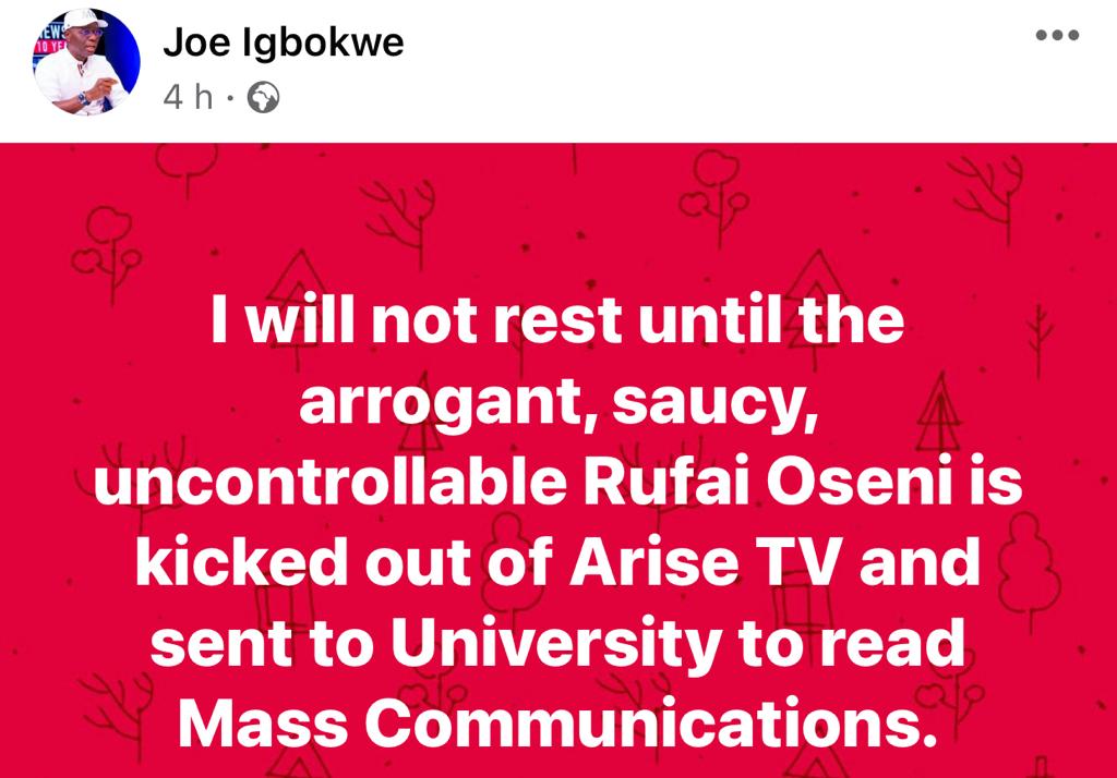 I will not rest until Rufai Oseni is kicked out of Arise TV - APC chieftain, Joe Igbokwe, vows