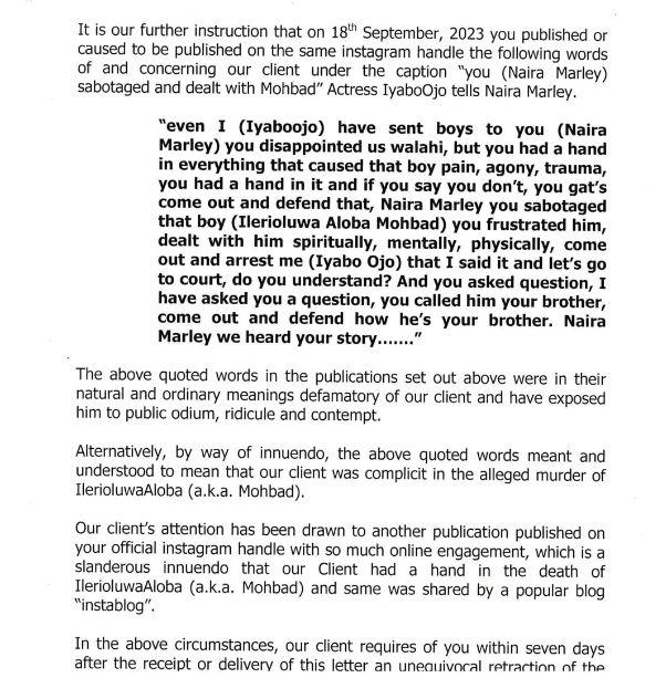 Naira Marley demands apology from Iyabo Ojo for "defamation" and threatens to sue for N500million as damages if she doesn
